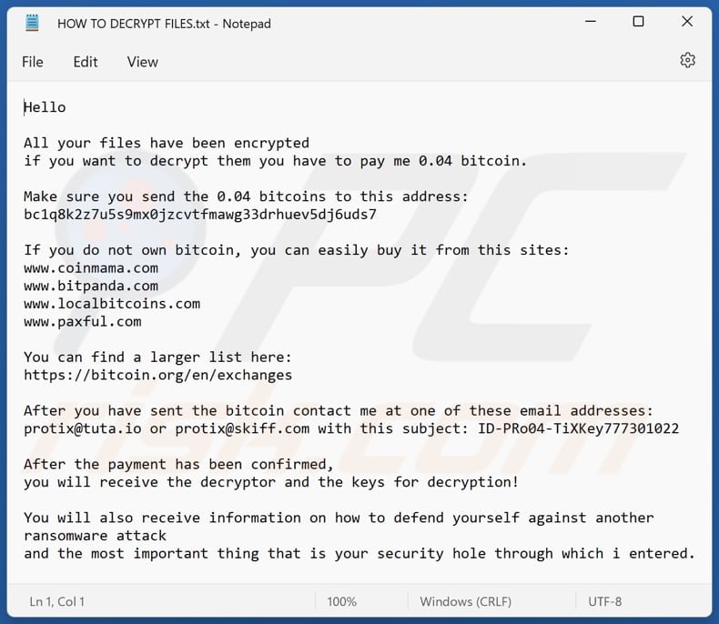PrO ransomware text file (HOW TO DECRYPT FILES.txt)