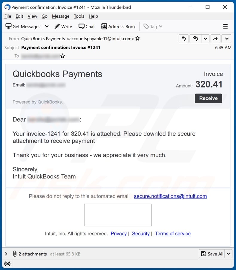 Quickbooks Payments Invoice email spam campaign