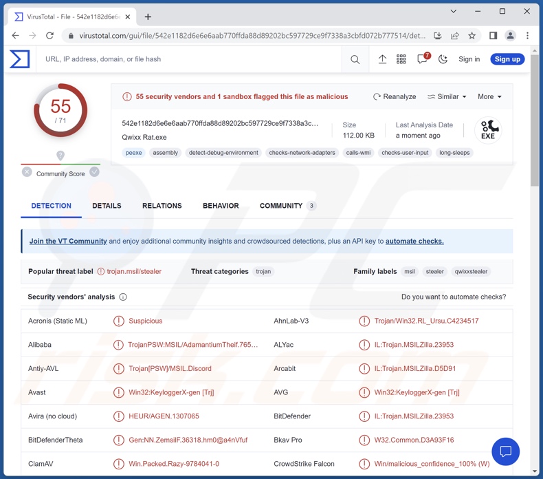 Qwixx malware detections on VirusTotal