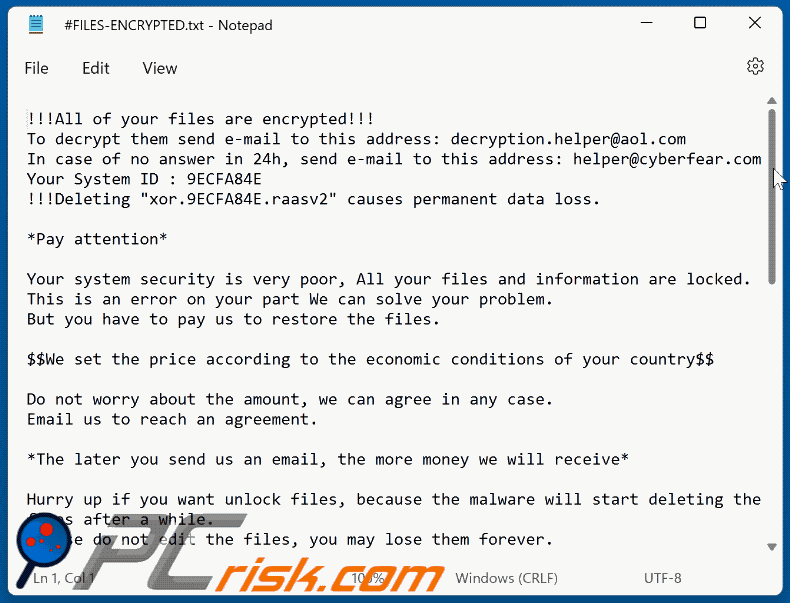 Raasv2 ransomware ransom note (#FILES-ENCRYPTED.txt)