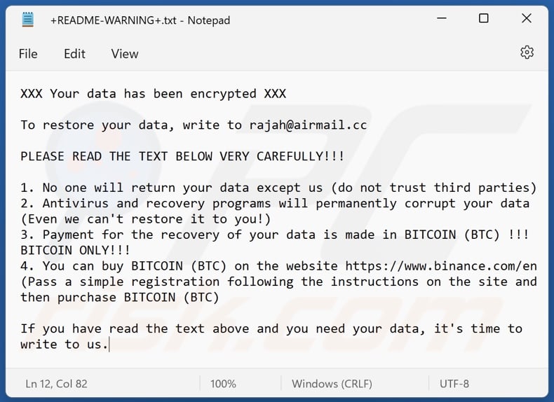 Rajah ransomware ransom note (+README-WARNING+.txt)
