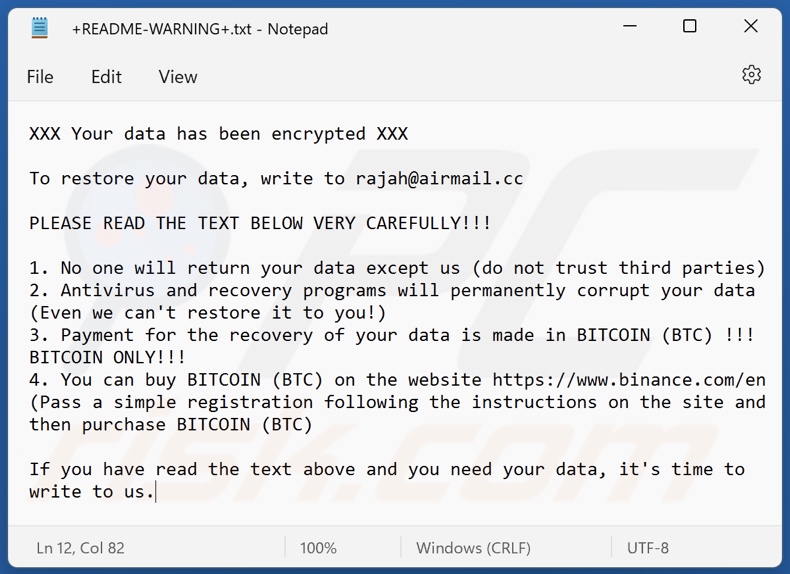 Rajah ransomware ransom note (+README-WARNING+.txt)