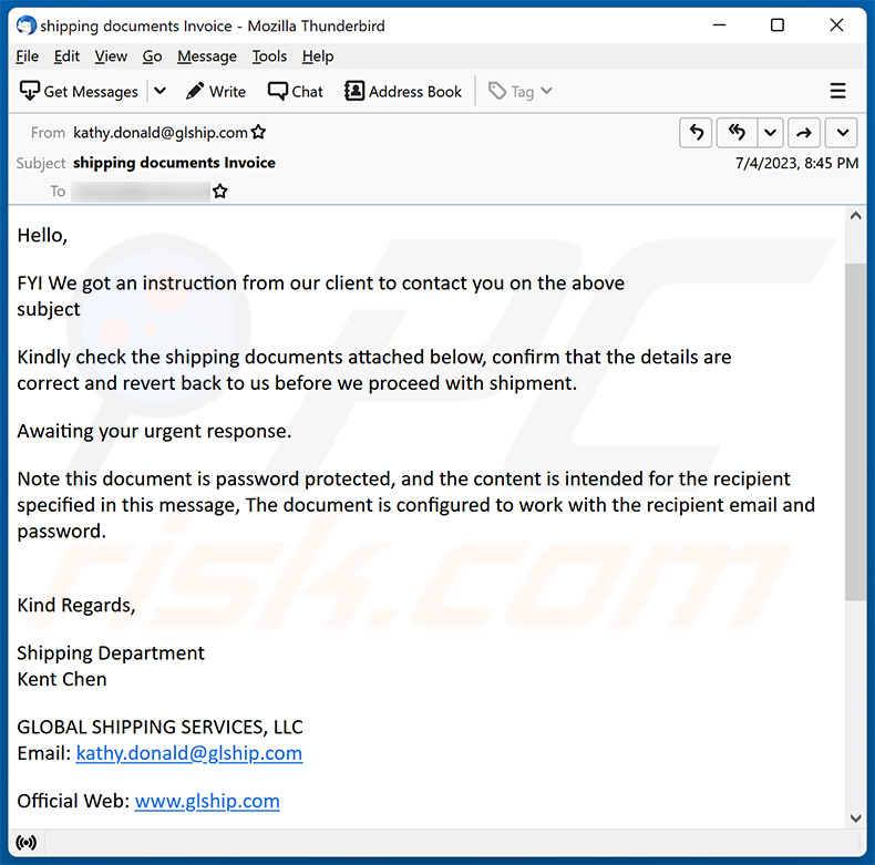 Reconfirm Shipping Documents email scam (2023-07-06)