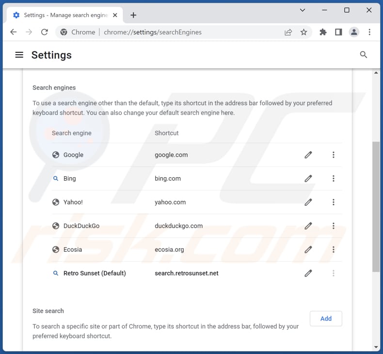 Removing search.retrosunset.net from Google Chrome default search engine