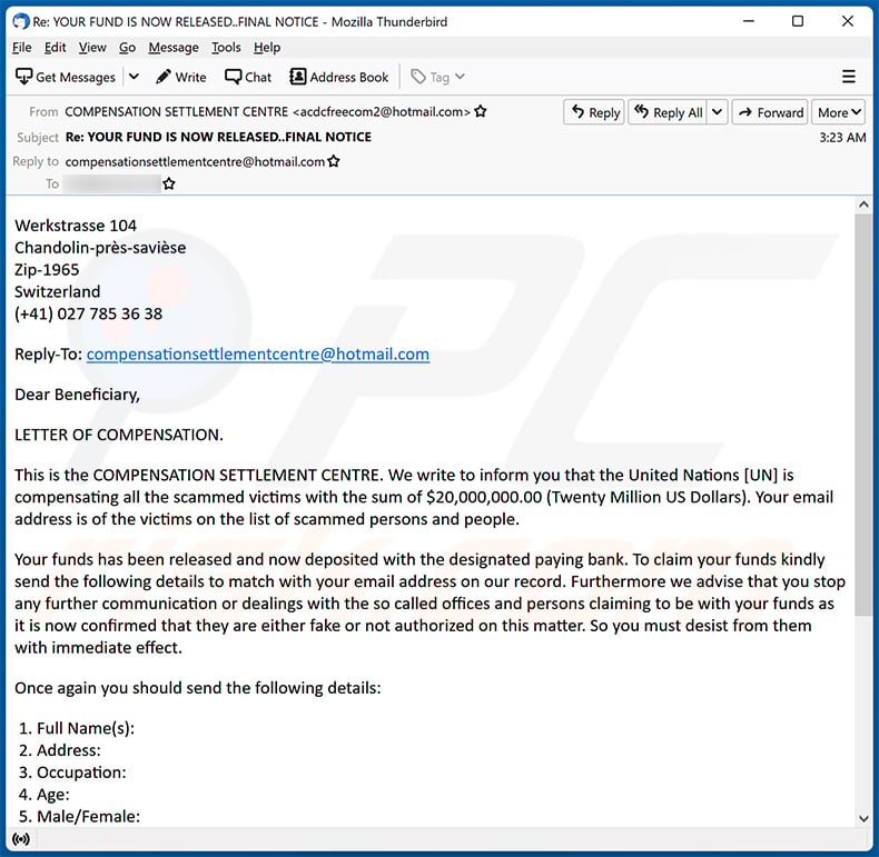 Scam Victim Compensation Funds email scam (2023-07-12)