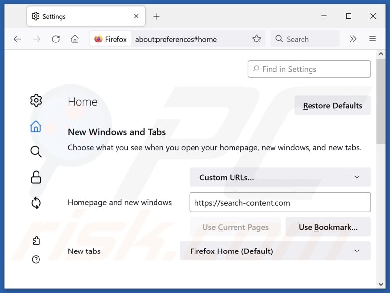 Removing search-content.com from Mozilla Firefox homepage