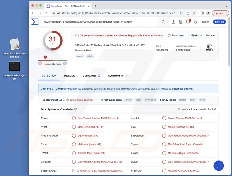 SearchAchive adware detections on VirusTotal