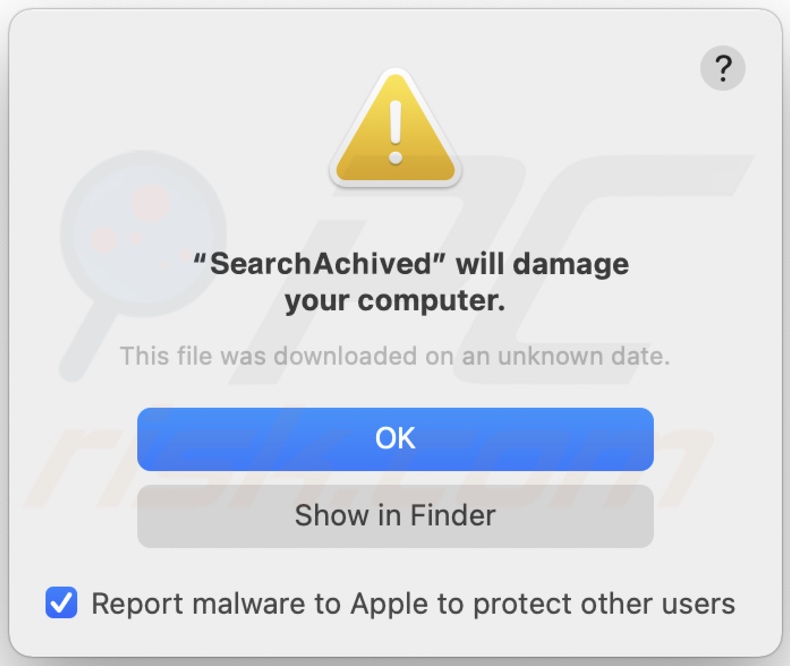 Pop-up presented when SearchAchive adware is detected on the system