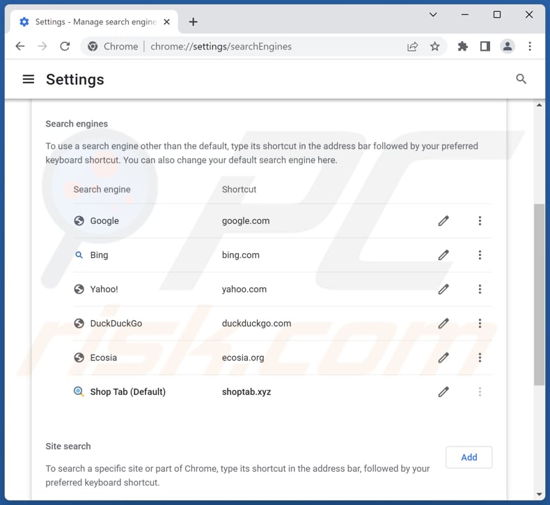 Removing shoptab.xyz from Google Chrome default search engine