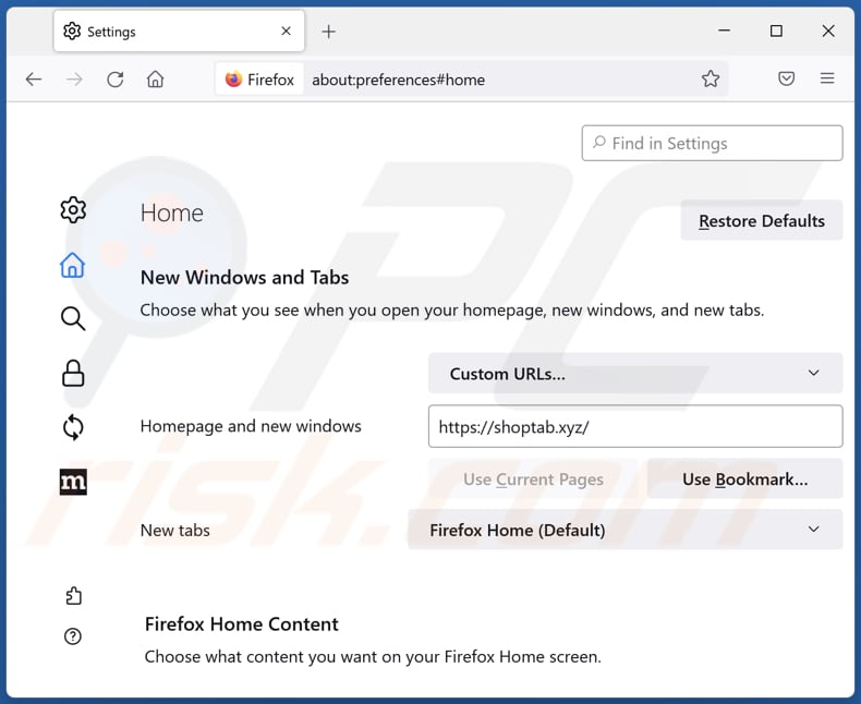 Removing shoptab.xyz from Mozilla Firefox homepage