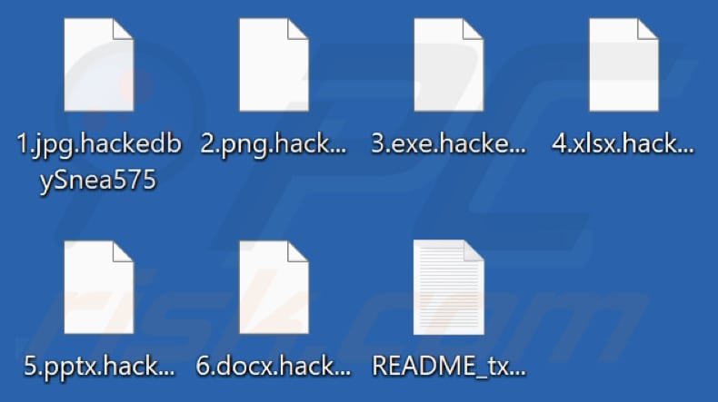 Files encrypted by Snea575 ransomware (.hackedbySnea575 extension)