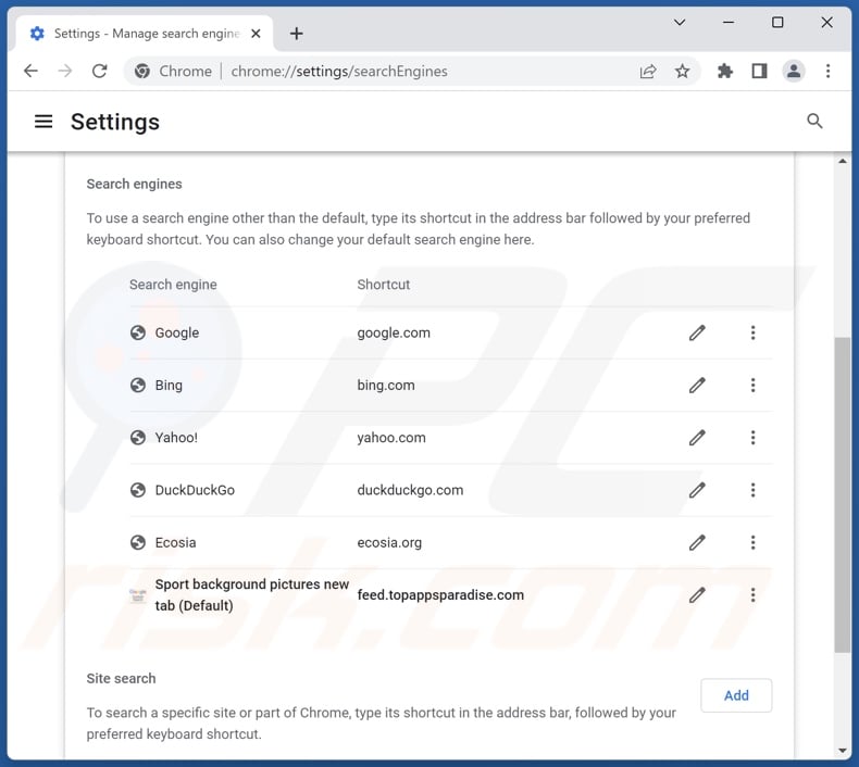 Removing feed.topappsparadise.com from Google Chrome default search engine