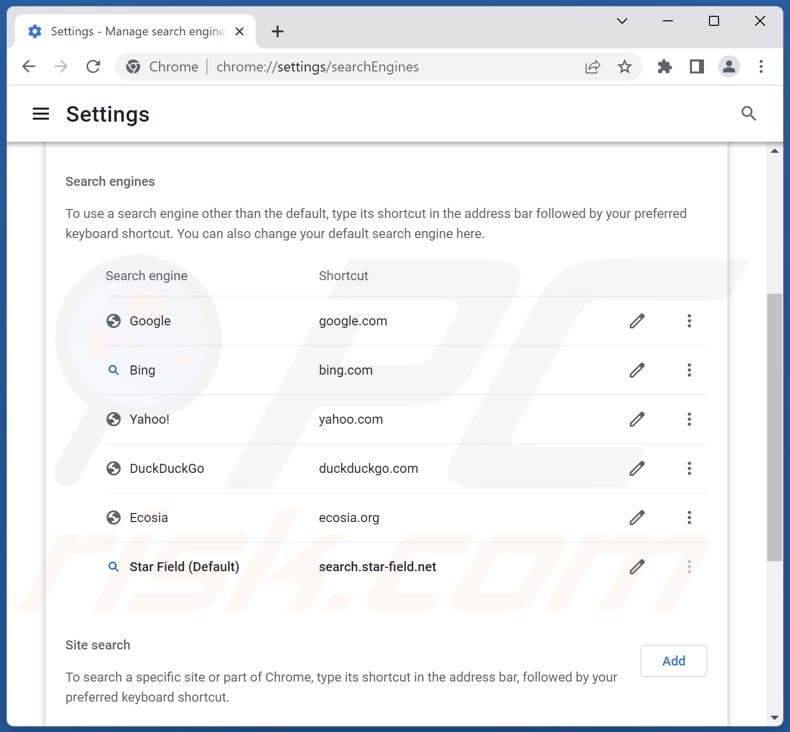 Removing search.star-field.net from Google Chrome default search engine