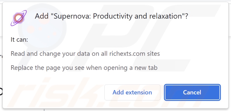 Supernova: Productivity and relaxation browser hijacker asking for permissions
