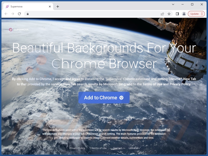 Website used to promote Supernova: Productivity and relaxation browser hijacker