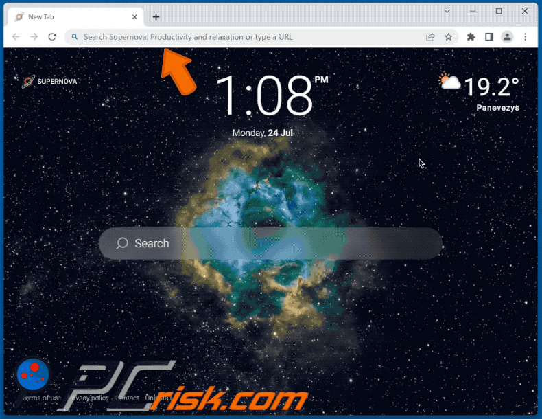 Supernova: Productivity and relaxation browser hijacker redirecting to nearbyme.io (GIF)