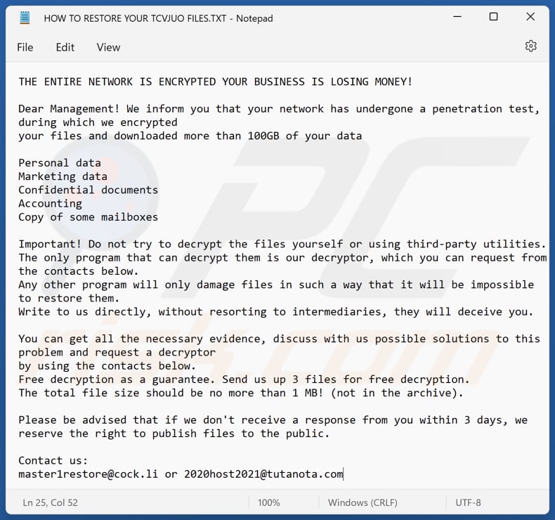 Tcvjuo ransomware text file (HOW TO RESTORE YOUR TCVJUO FILES.TXT)