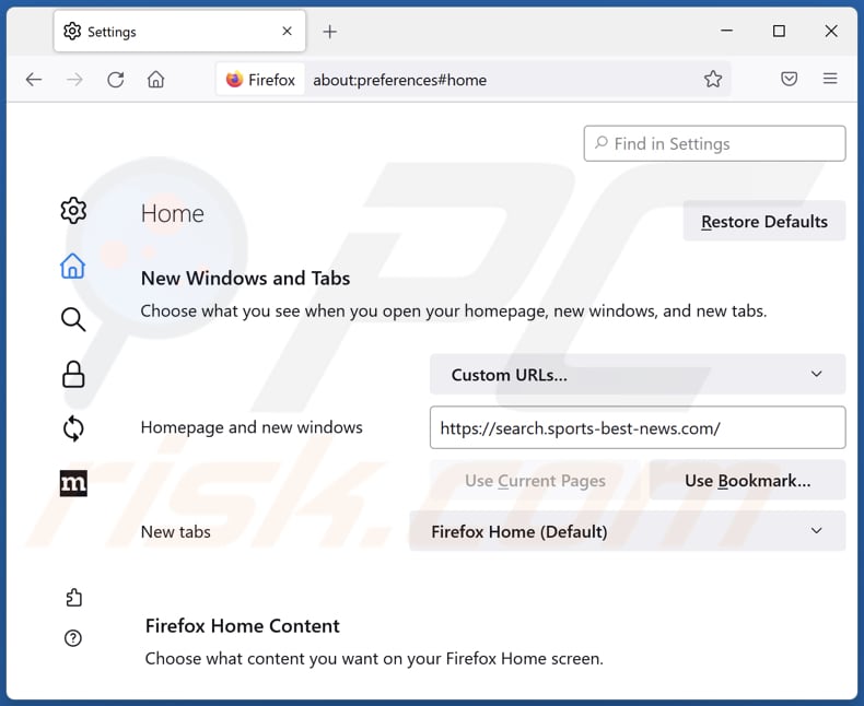 Removing search.sports-best-news.com from Mozilla Firefox homepage