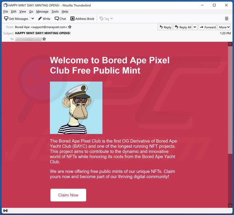 The Bored Ape Pixel Club email spam campaign