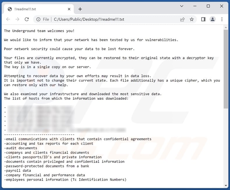 Underground Team ransomware ransom note (!!readme!!!.txt)