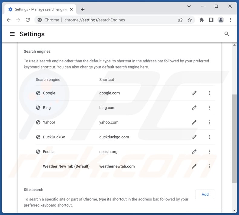 Removing weathernewtab.com from Google Chrome default search engine