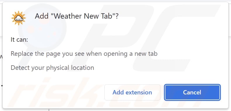 Weather New Tab browser hijacker asking for permissions