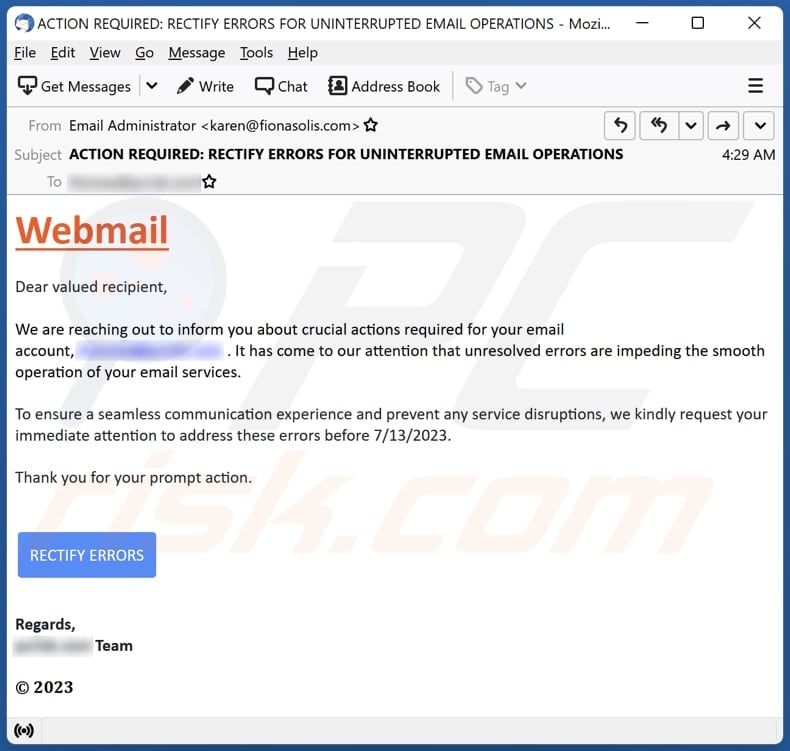 Webmail Action Required email scam