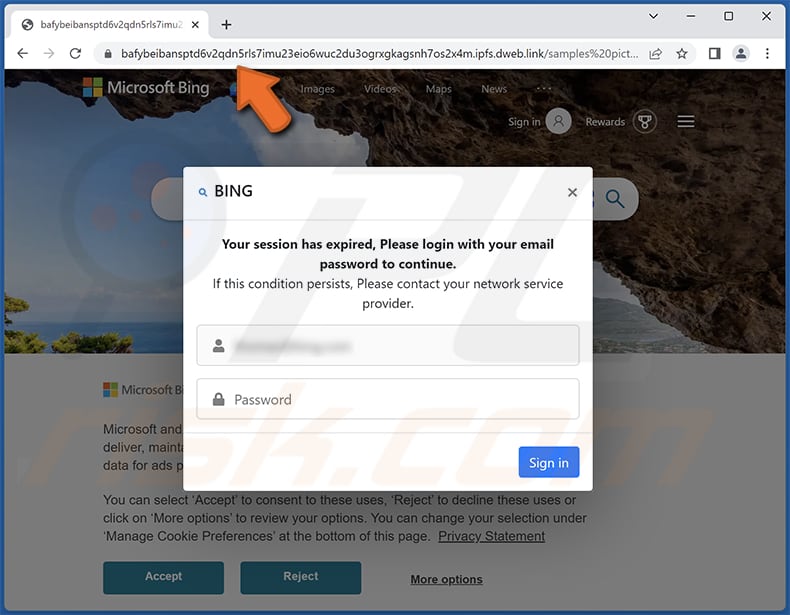 Webmail action required email scam phishing page imitating Microsoft Bing login site
