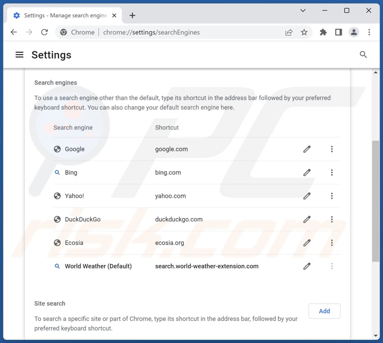 Removing search.world-weather-extension.com from Google Chrome default search engine