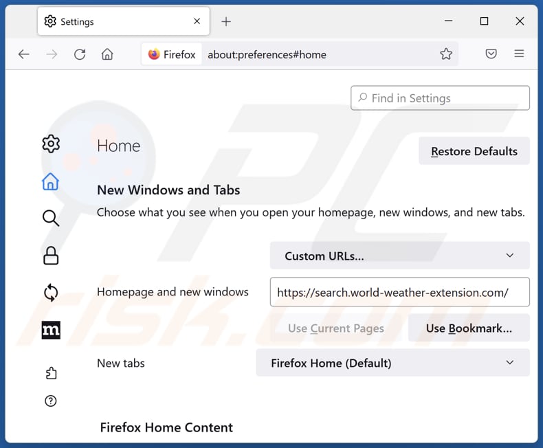 Removing search.world-weather-extension.com from Mozilla Firefox homepage