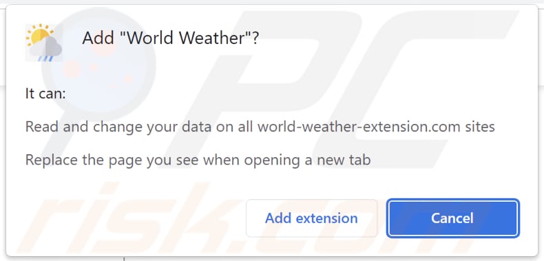 World Weather browser hijacker asking for permissions