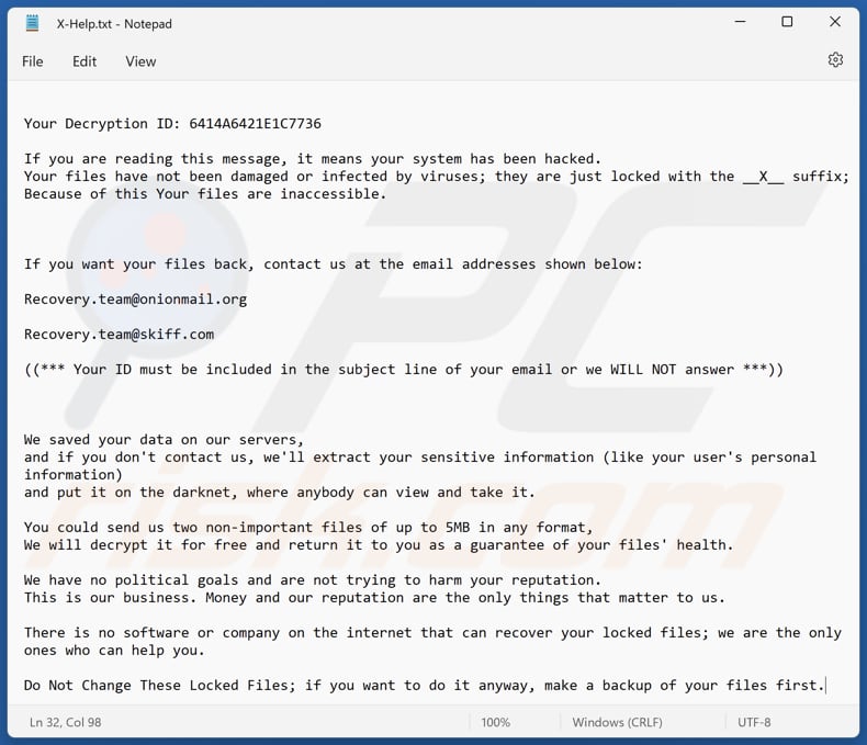 X ransomware text file (X-Help.txt)