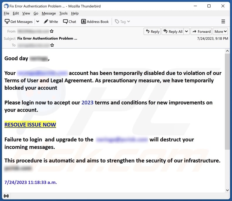 Your Account Has Been Temporarily Disabled email spam campaign