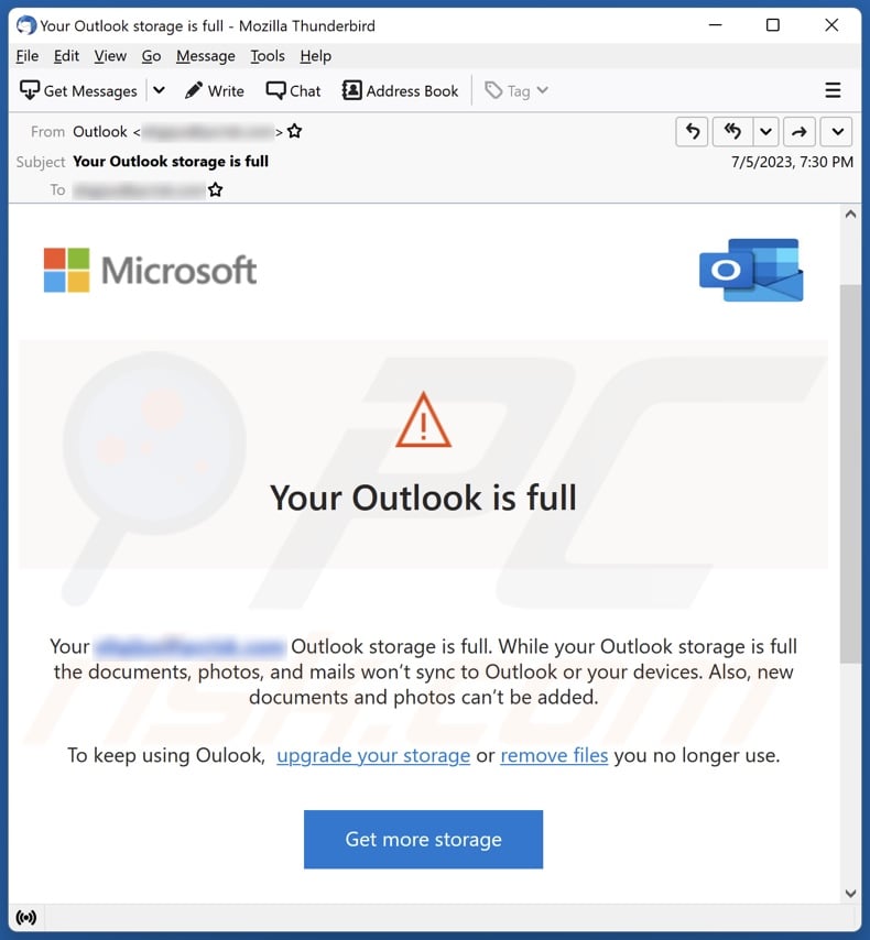 Your Outlook Is Full email spam campaign