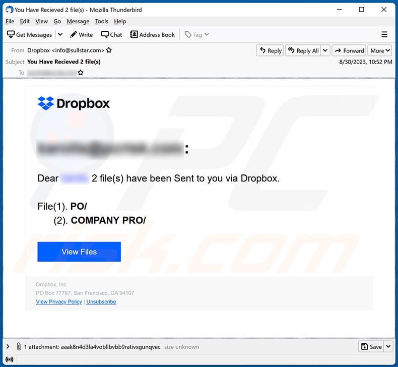 A File Was Shared With You Via Dropbox email scam (2023-08-31)