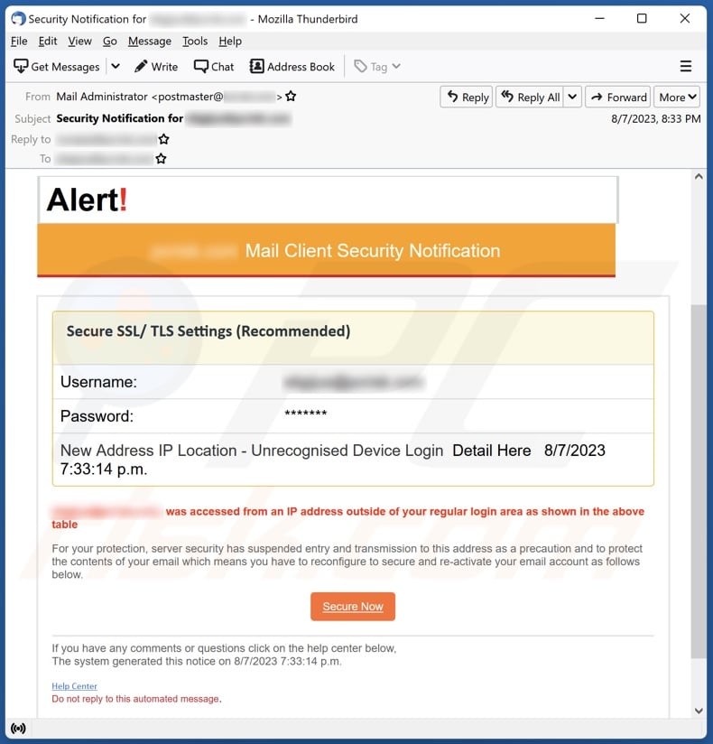 Alert! Mail Client Security Notification email spam campaign