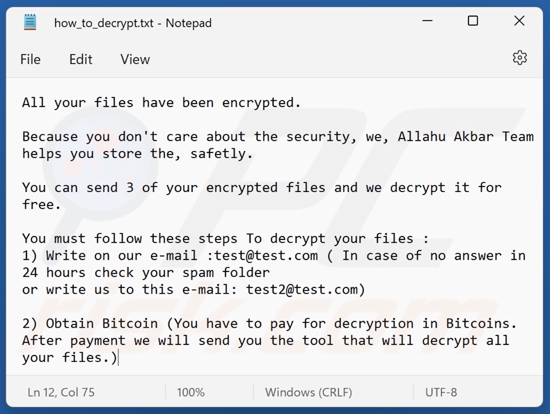 Allahu Akbar ransomware ransom note (how_to_decrypt.txt)