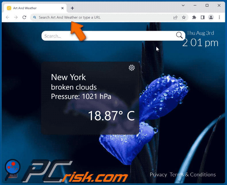 Art And Weather browser hijacker redirecting to Bing (GIF)