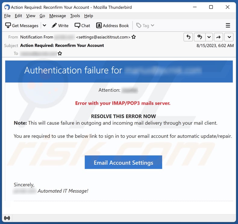 Authentication Failure email spam campaign