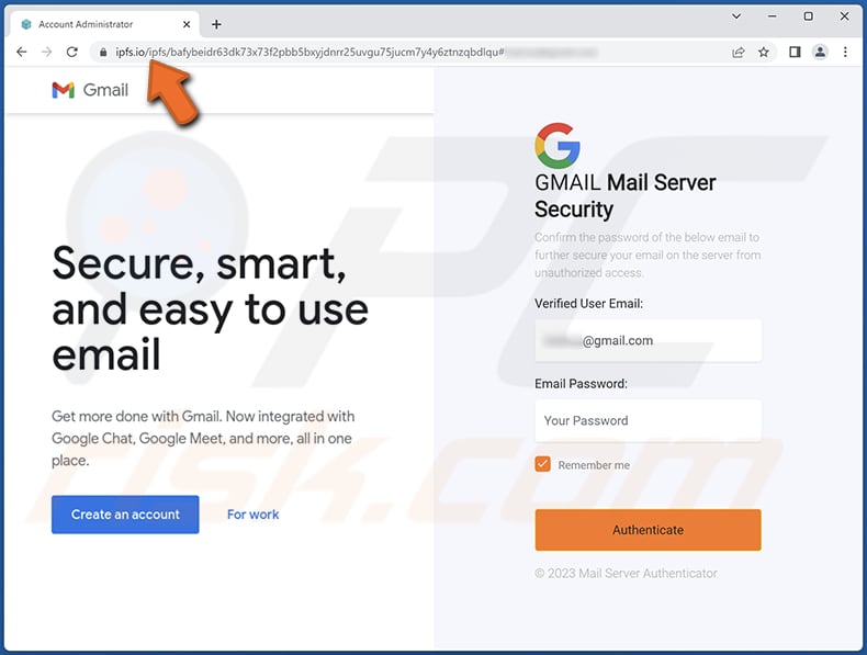 Fake Gmail page presented in the Authentication Failure scam