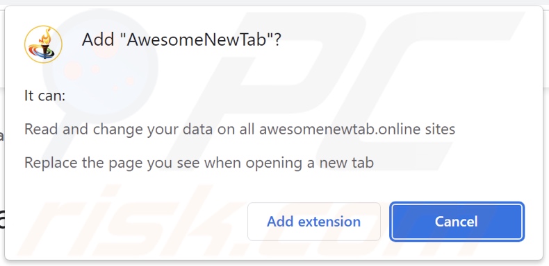 AwesomeNewTab browser hijacker asking for permissions