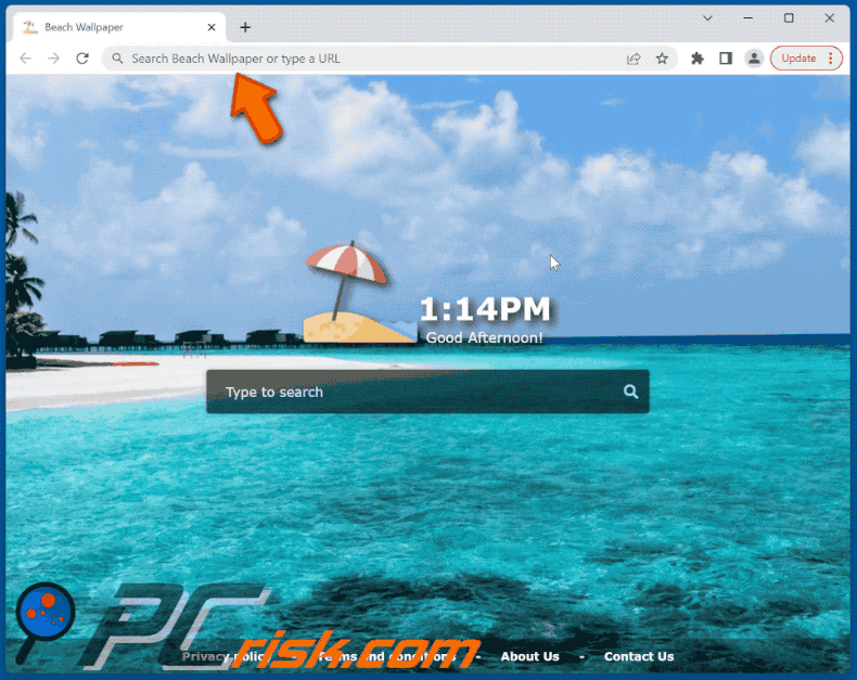 Beach Wallpaper browser hijacker redirecting to Bing (GIF)