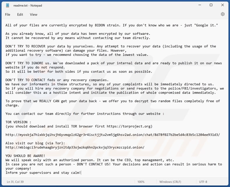 BIDON ransomware ransom note (readme.txt)