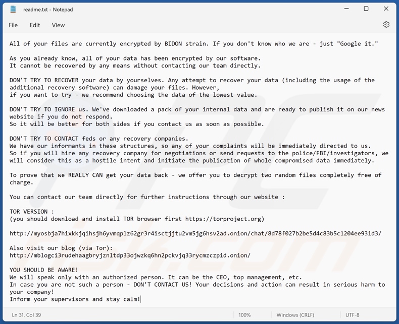BIDON ransomware ransom note (readme.txt)