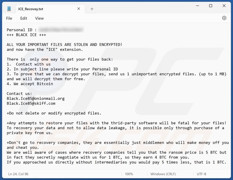 BLACK ICE ransomware ransom note (ICE_Recovey.txt)