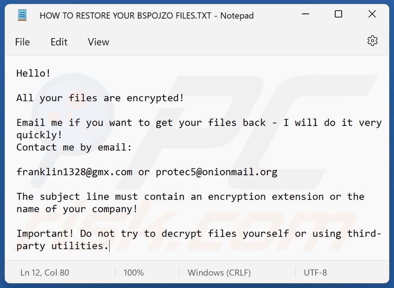 Bspojzo ransomware ransom note (HOW TO RESTORE YOUR BSPOJZO FILES.TXT)