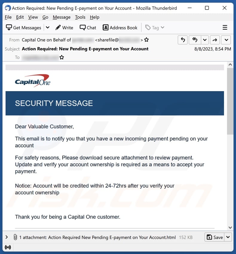 Capital One SECURITY MESSAGE email spam campaign