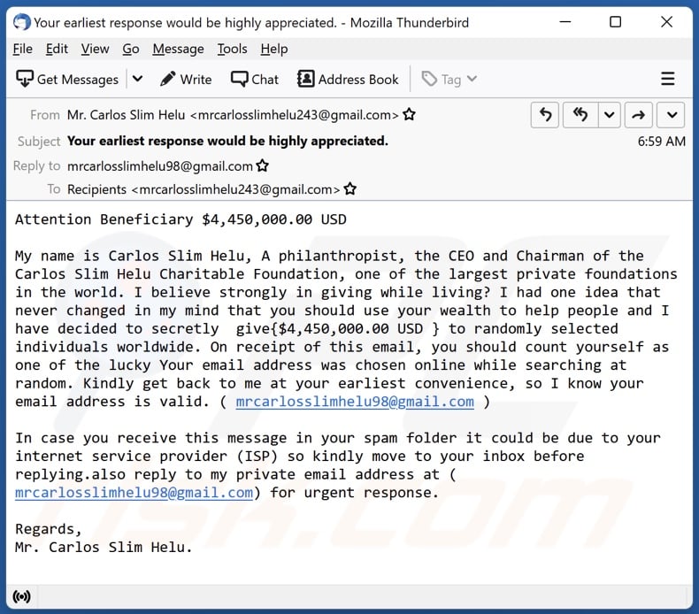 Carlos Slim Helu Charitable Foundation email spam campaign