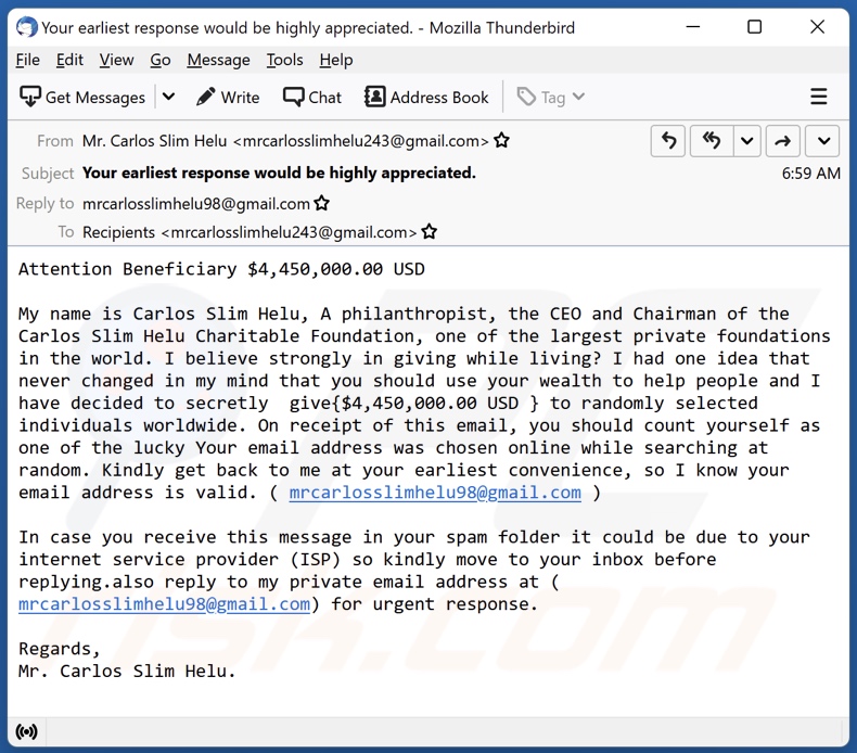 Carlos Slim Helu Charitable Foundation email spam campaign