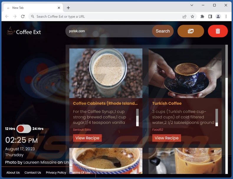Coffee Ext browser hijacker homepage